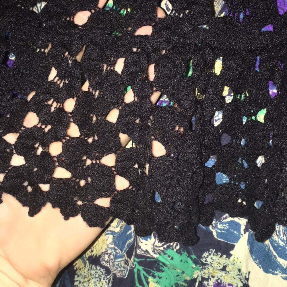 Free People Black Knit Overlay Boho Floral - image 2